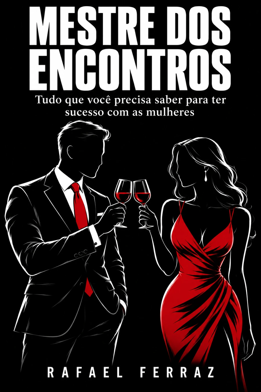 Mestre dos Encontros, de Rafael Ferraz. Capa com um homem e uma mulher de vestido vermelho brindando.
